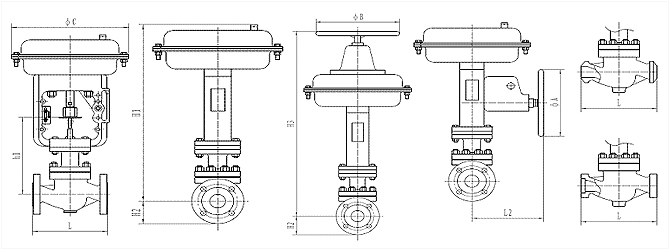 氣動薄膜單座調(diào)節(jié)閥 外形尺寸圖